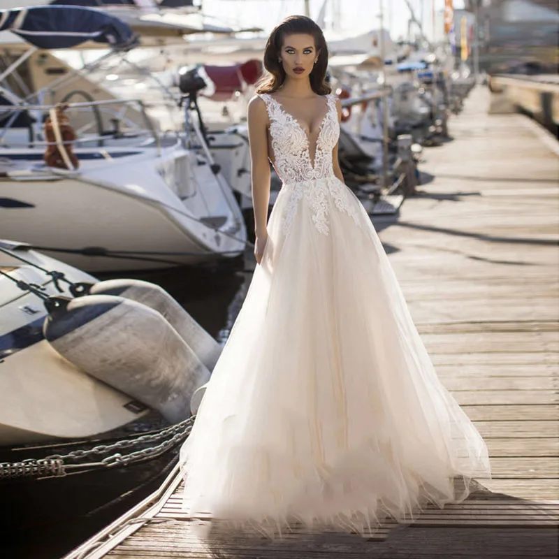 

Eightale Vintage Wedding Dresses V-Neck A Line Tulle Appliques Lace Boho Bridal Dress Beach Wedding Gown vestido novia 2019