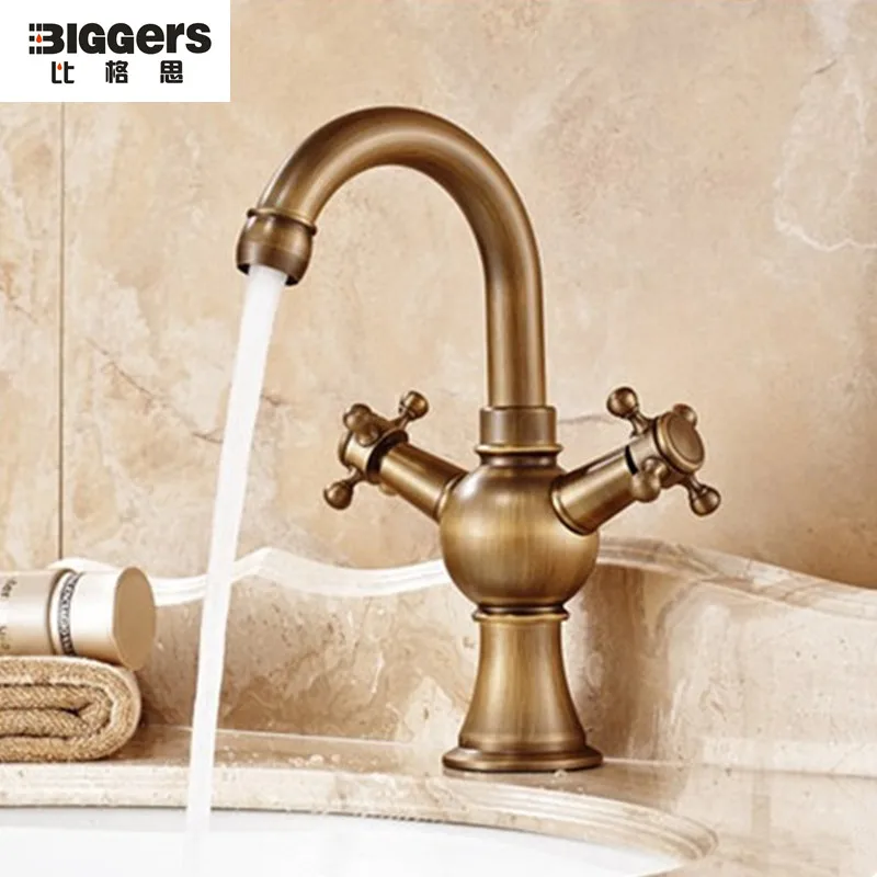 

Free shipping,Continental retro copper basin faucet antique bronze finish double handle bathroom mixers