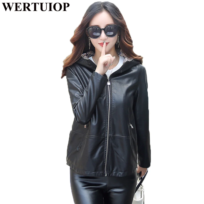 

WERTUIOP Leather Women Short Jacket 2019 New Fashion Spring Loose Hooded Leather Jackets Tide Women Clothing Coat
