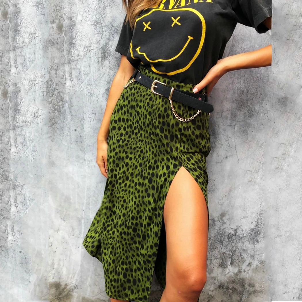 Женская длинная юбка с леопардовым принтом, сексуальные юбки средней длины с высокой талией и разрезом, уличная одежда на лето и осень, юбки для вечеринок и клубов, Облегающие юбки Jupe Femme