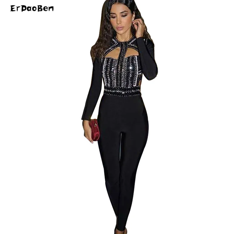 New Women Long Sleeves O Neck Spring Hollow out Jumpsuit Diamonds