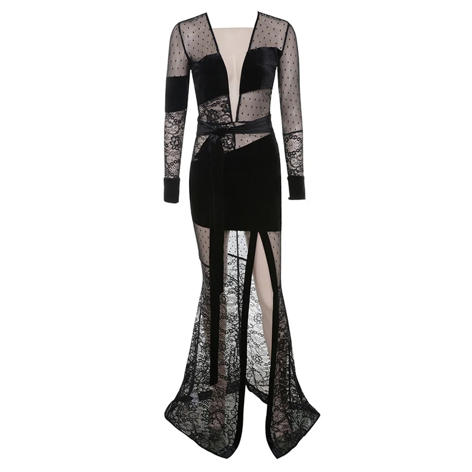 S Curve сексуальные черные вечерние платья с v-образным вырезом, кружевное бархатное и Сетчатое платье Макси
