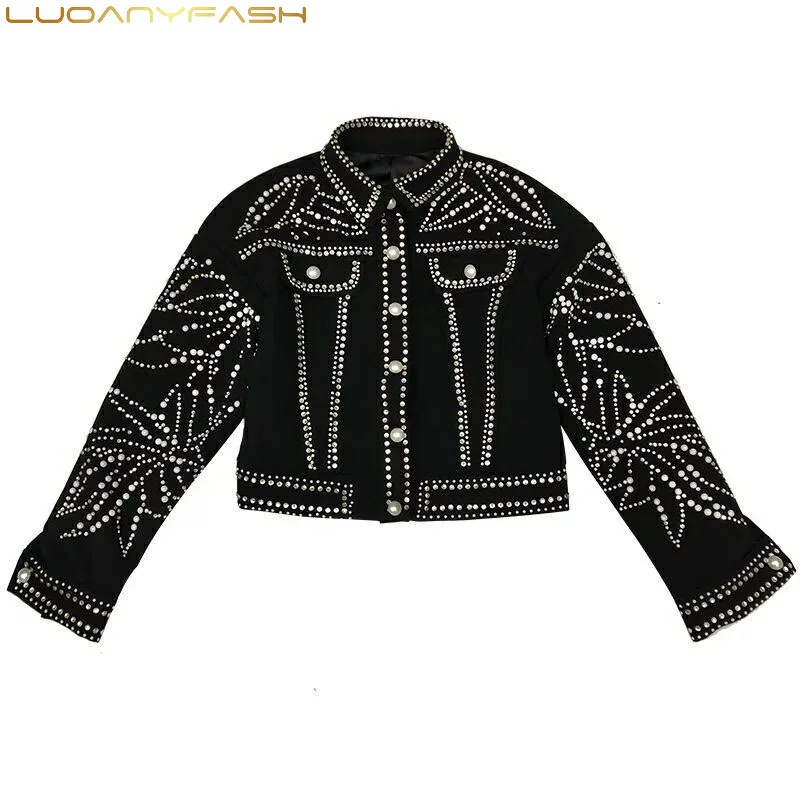 

Luoanyfash Denim Womens Black Jacket Loose Long Sleeve Single Breasted Pearls Diamonds Coat Female 2018 Autumn Streetwear