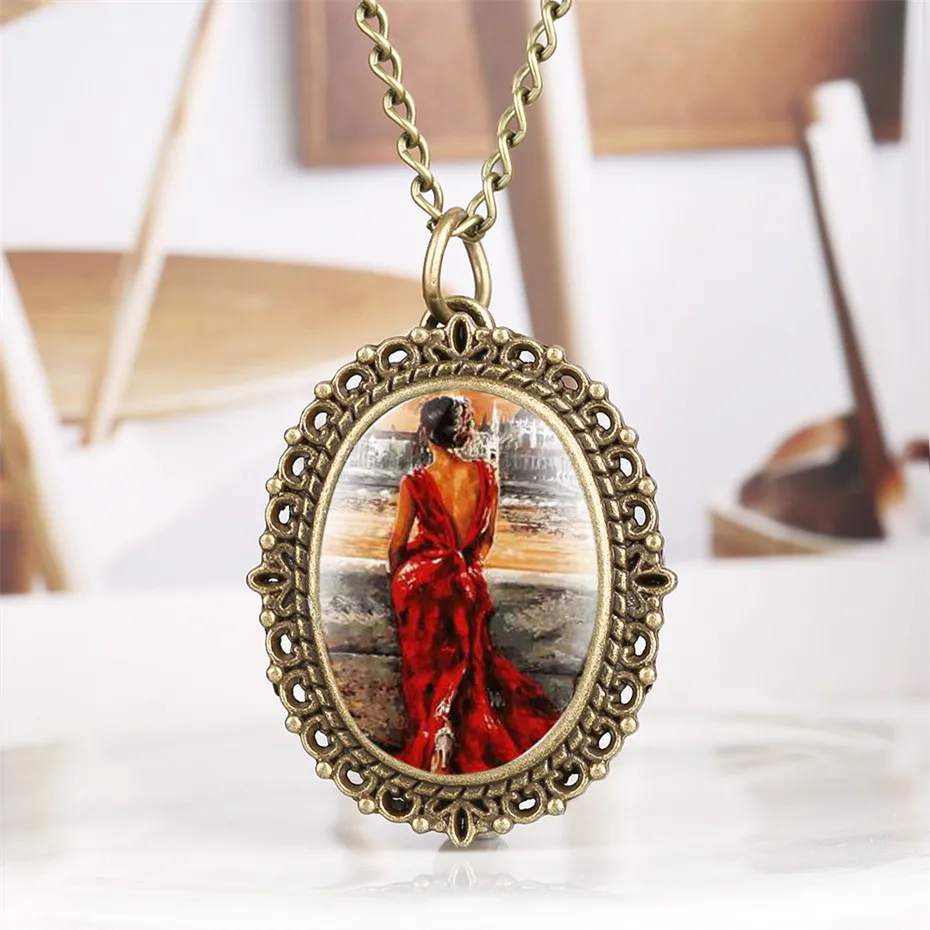 Небольшой Овальный циферблат кварцевые карманные часы цепочки и ожерелья для женщин в красном платье часы с узором дамы всего кулон 2019 Новы