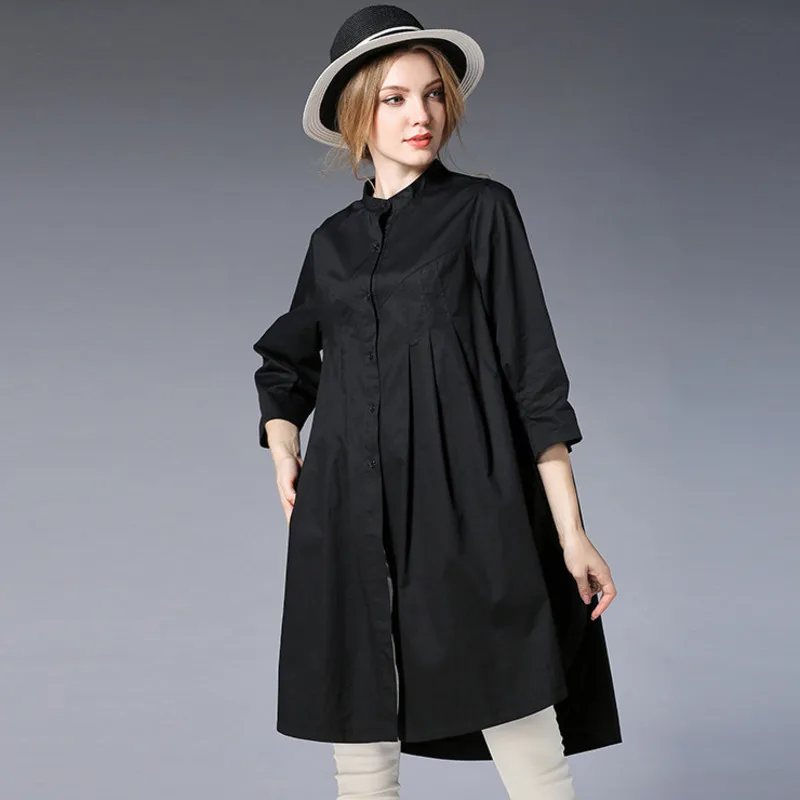 

LANMREM 2019 New Fashion Stand Collar Side Vent Hem Pleated Patchwork Shirt Women's Three Quarter Loose Large Size Blouse JE171