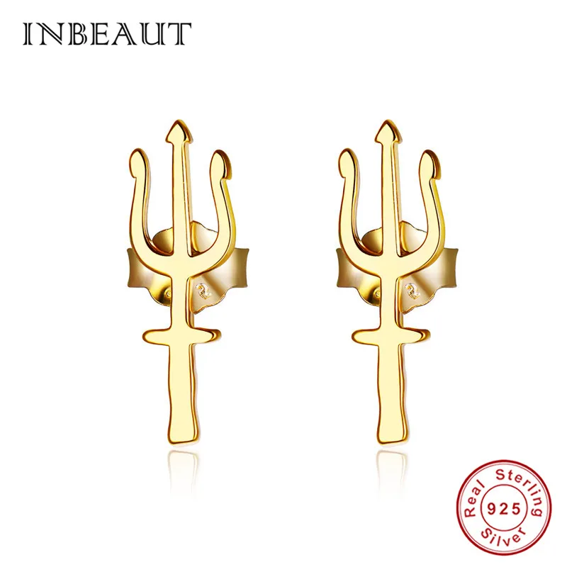 

INBEAUT Original 925 Sterling Silver Trident Stud Earrings for Women Cute Trifurcate Spear Party Earrings Gold-color Jewerly