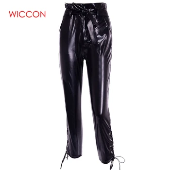 

Lace Up PU Leather Pants Women Black Pencil Pants High Waist Belted Spring Winter Trousers Casual Female Streetwear 2020 Pockets
