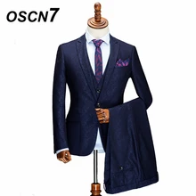 OSCN7 Повседневный шерстяной синий мужской костюм с принтом на заказ Модный свадебный костюм на заказ мужской костюм из 3 предметов куртка брюки жилеты