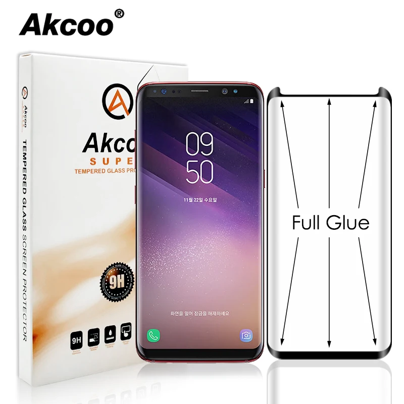 Akcoo Note 9 full glue screen protector with installation tray easy to instal for Samsung S9 note 8 S8 tempered glass protector
