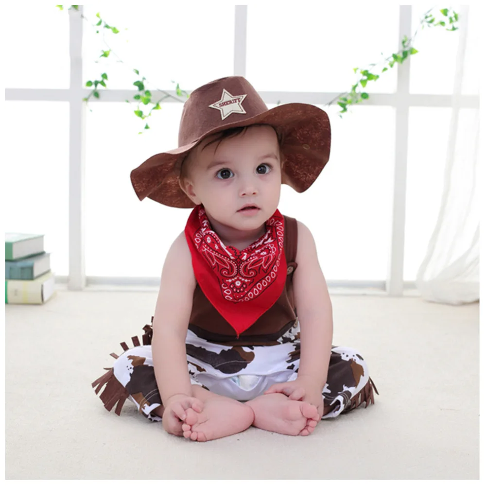 

Cowboy Baby Romper Spring Baby Boy Romper Infant toddler Jumpsuit Kids Cotton Clothes set 3pcs hat +scarf +romper