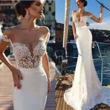 Пляжное платье Vestido De Noiva мусульманское свадебное платье Русалка с открытыми плечами атласное кружевное винтажное свадебное платье в богемном стиле свадебное платье