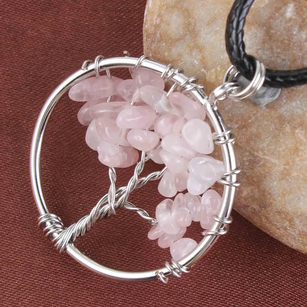 Natural Gnergy Gemstone~ Silver Plated Wire Wrapped Tree Of Life Healing Crystal Quartz Purple Amethysts Round Chakra Reiki Stone Pendant Necklace 5 AA00409005902a
