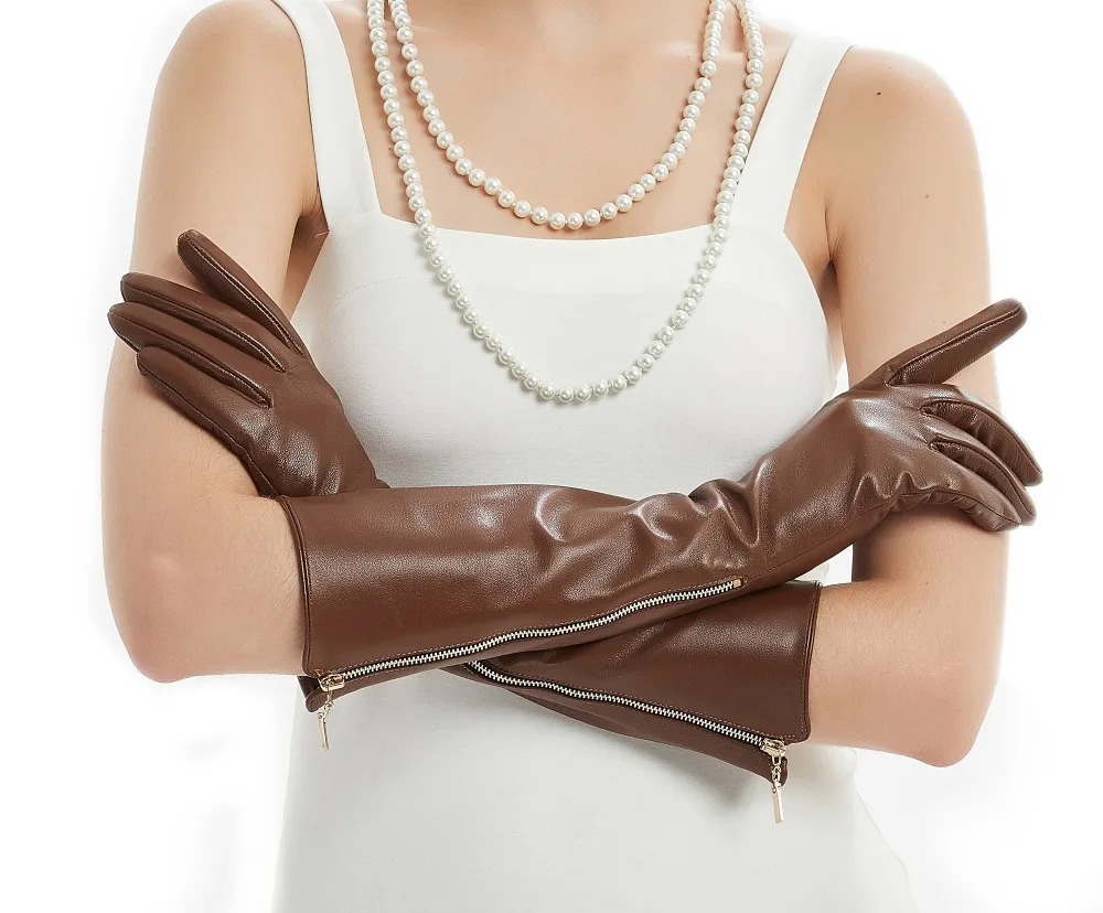 

women 40cm(15.75") long side real open zipper style real sheep leather gloves