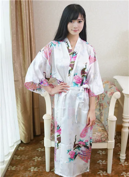 Сексуальный серый женский летний Повседневный халат, длинный халат, Женская атласная ночная рубашка, нижнее белье с принтом, цветочное кимоно, одежда для сна, один размер - Цвет: White A