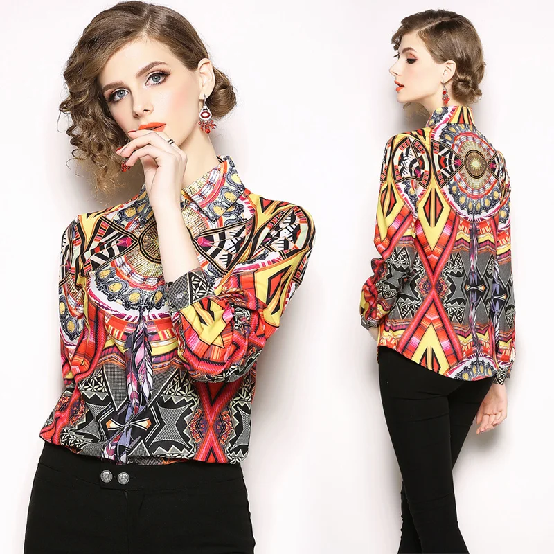 

2019 Spring Women Tops and Blouse Fashion Designer Runway Blouse Turn Down Collar Long Sleeve Printed Shirt Ladies Office Shirts