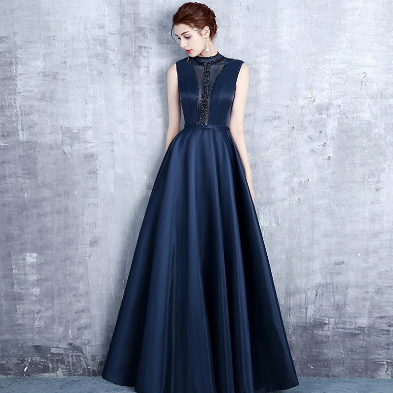 

Sequins Beading Evening Dresses A-line Satin High Neck Navy Blue Long Formal Prom Party Dress 2018 New Style