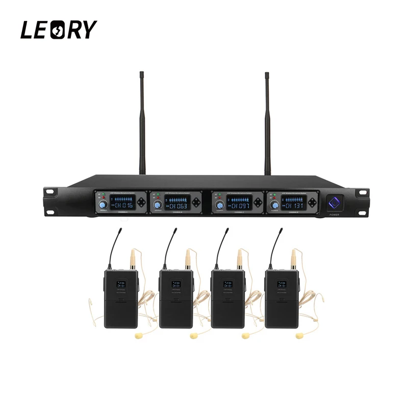 

LEORY Professional 4 Channel UHF Wireless Microphone System With Receiver 4 Lavalier Lapel Cordless Microphone Mic Headset
