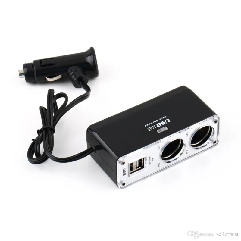 

12 V 2 Forma Multi Twin Socket Double USB Port 2 Way Auto Car Cigarette Lighter Socket Splitter Charger Plug Adapter with Cable