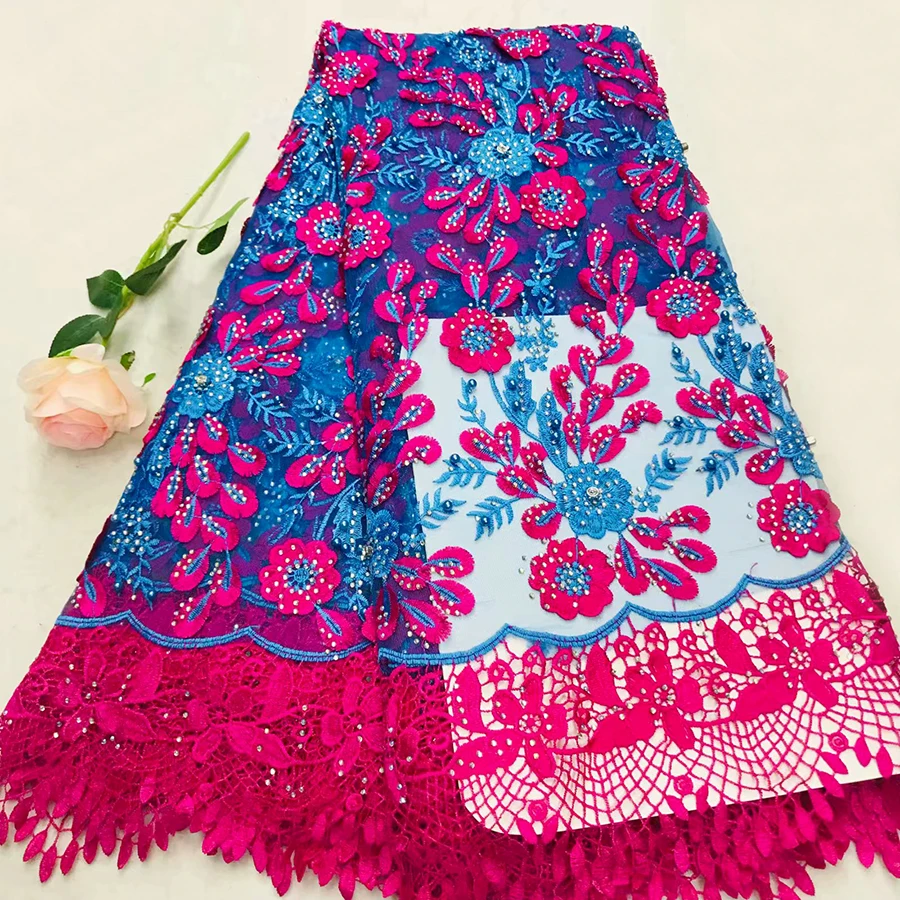 

New Style Blue and Fuchsia French Net Lace Material Fabric High Quality African Tulle Lace Fabric With Stones For Wedding Dress