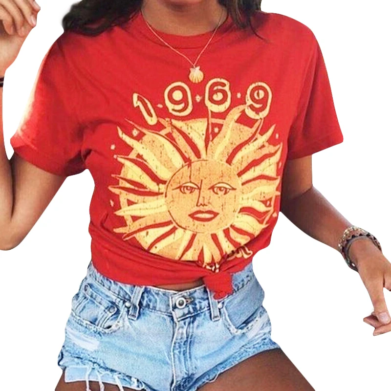 1969 Summer Of The Sun Letters Printed T Shirt Women Loose Casual Red