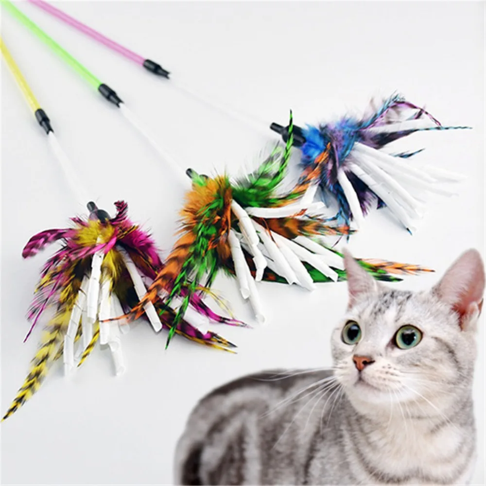 3Colors Cat Feather Toys Cat Teaser Cat Sticks Paper Stipe Spiral Feather Stick kitten interactive toys
