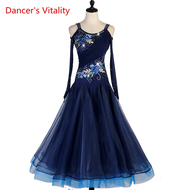 Изготовленные на заказ бальные платья сексуальные длинные рукава сценическое вальс танцевальное платье с широкой юбкой женский танцевальный зал состязание танцевальные костюмы - Цвет: Синий
