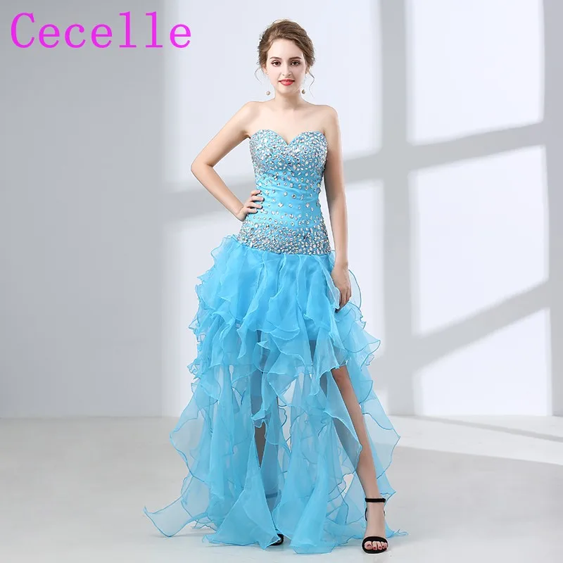 Blue High Low Short Cocktail Dresses 2019 Sweetheart Ruffles Organza Skirt Teens Informal Prom Gowns Custom Made Real | Свадьбы и