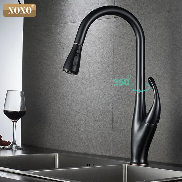 Best Price XOXO Kitchen Faucets black Single Handle Pull Out spray mixer tap Single Hole Handle Swivel cold and hot torneira 83036         