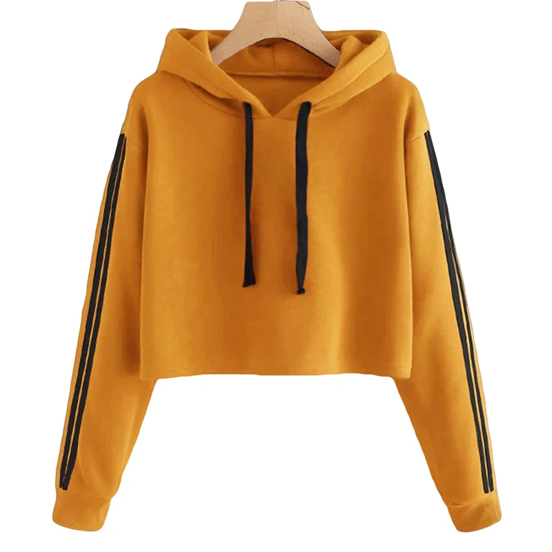  Side Stripes Crop Hoodies Sweatshirts Pullover Autumn Long Sleeve Hoodies Women Crop Sweatshirt Hoo