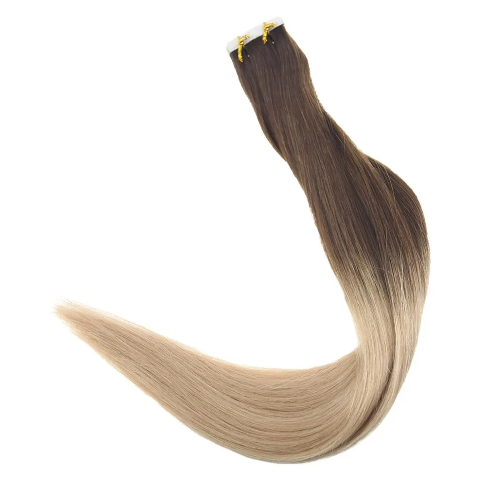 Полный глянцевая лента в Пряди человеческих волос для наращивания Ombre Цвет #3 выцветанию #6 до № 16 светлые ленты в Extenison 20 шт. 50 г клей на