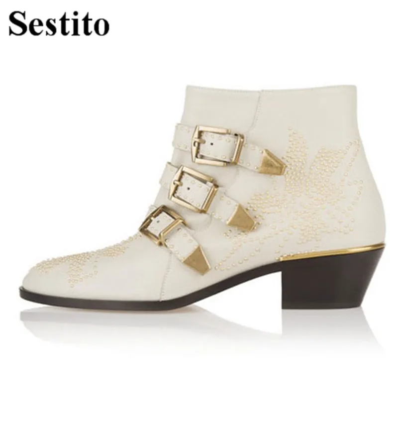 

New Fashion Black White Rivet Woman Boots Round Toe Ankle Boots For Women Sqaure Heel Short Boots Zip Women Shoes Spring/Autumn
