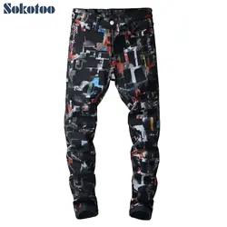 Sokotoo Мужская мода slim fit черный 3D печатных джинсы для женщин Повседневное цветной окрашенные штаны