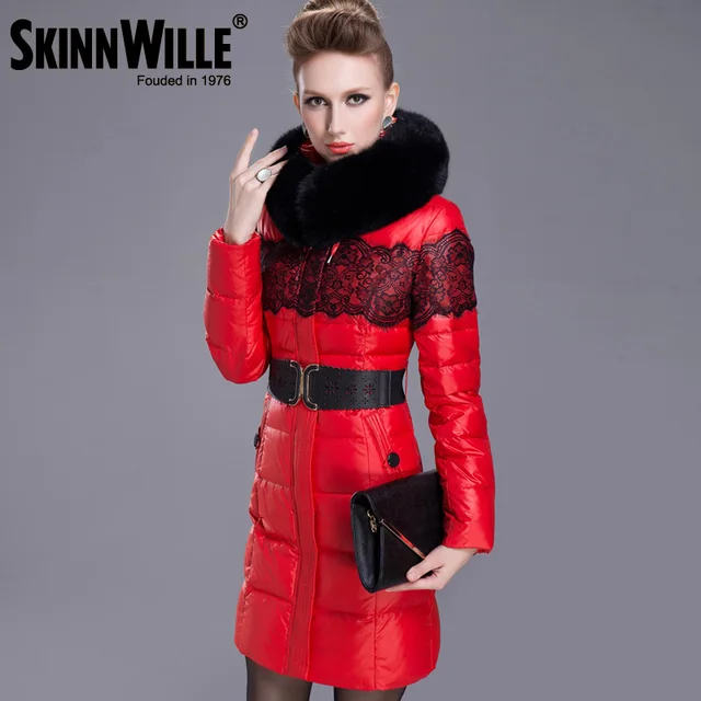 SKINNWILLE 2018 Пуховик Высокого Качества Средняя Длина Натуральный Мех Кролика Теплое Зимнее Пальто Стойкий Воротник Новая Зимняя Коллекция