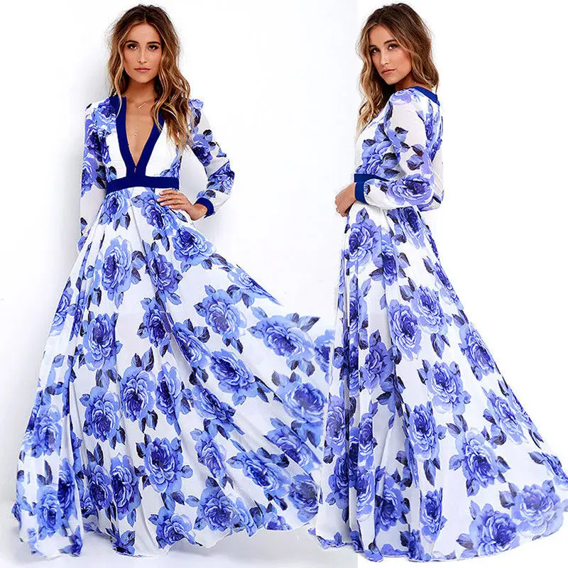 Женское пляжное платье с V образным вырезом и цветочным принтом|boho maxi|sundresses womenflower