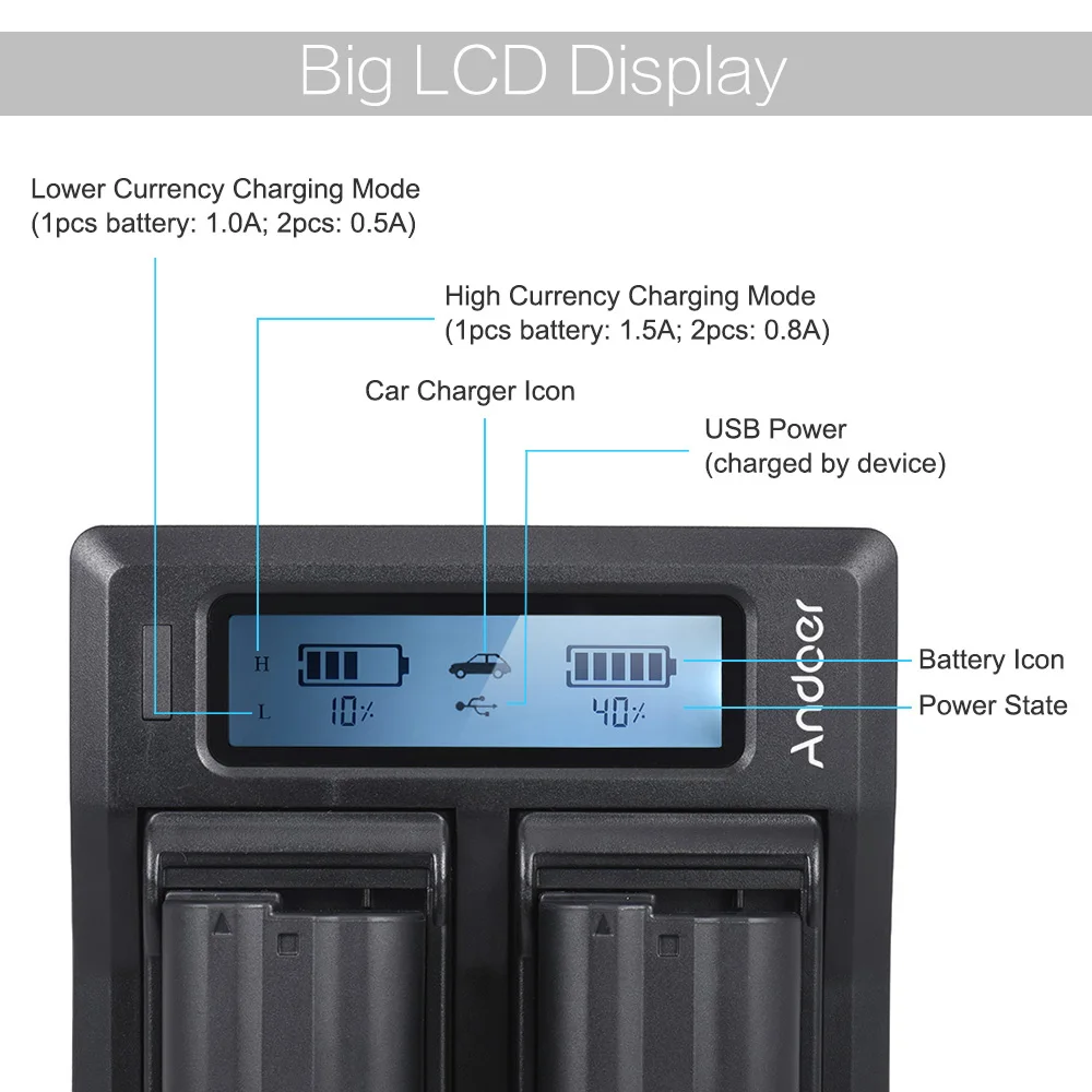 Andoer EN-EL15 Двухканальное зарядное устройство для цифровой камеры с ЖК-дисплеем для Nikon D500 D610 D7000 D7100 D750 D800 D810 D7200