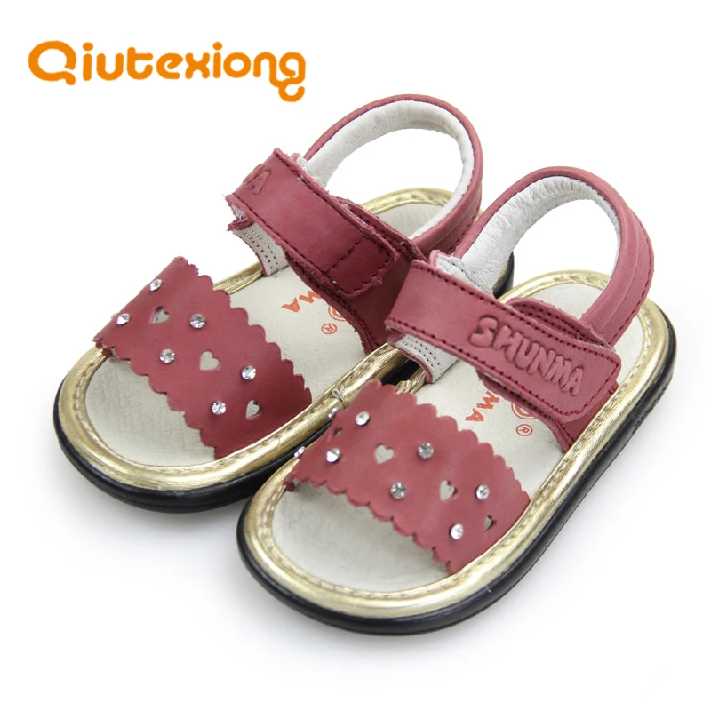 

QIUTEXIONG Genuine Leather Baby Girls Sandals For Toddler Kids Summer Shoes Bebe Children Shoes Crystal Cut-outs indoor sandalia