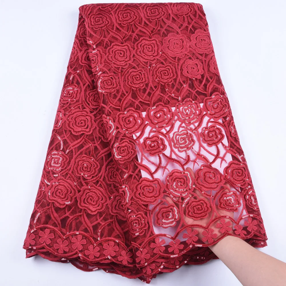 

Wine Red African Dry Lace Fabrics High Quality Milk Silk Lace Fabric For Wedding Latest Sequins French Mesh Lace Fabrics 1627