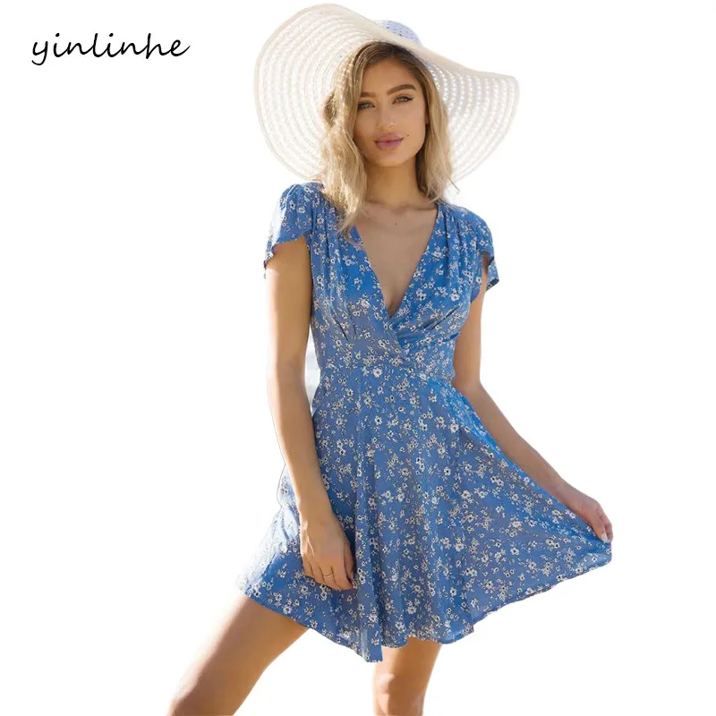 

yinlinhe 2018 Wrap Deep V-neck Summer Dress Print Women Beach Dresses Mini Short Sleeve Sashes Tied Elegant Clothing 064