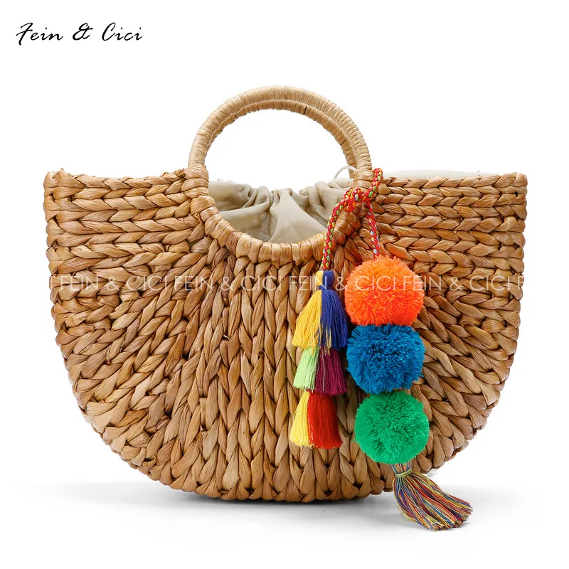 beach bag straw totes bag bucket summer bags with tassels pom pom pompon women natural basket ...