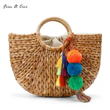 beach bag straw totes bag bucket summer bags with tassels pom pom pompon women natural basket handbag 2017 new high quality