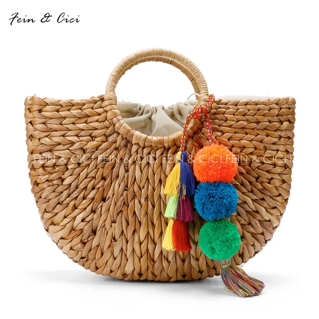 beach bag straw totes bag bucket summer bags with tassels pom pom pompon women natural basket ...