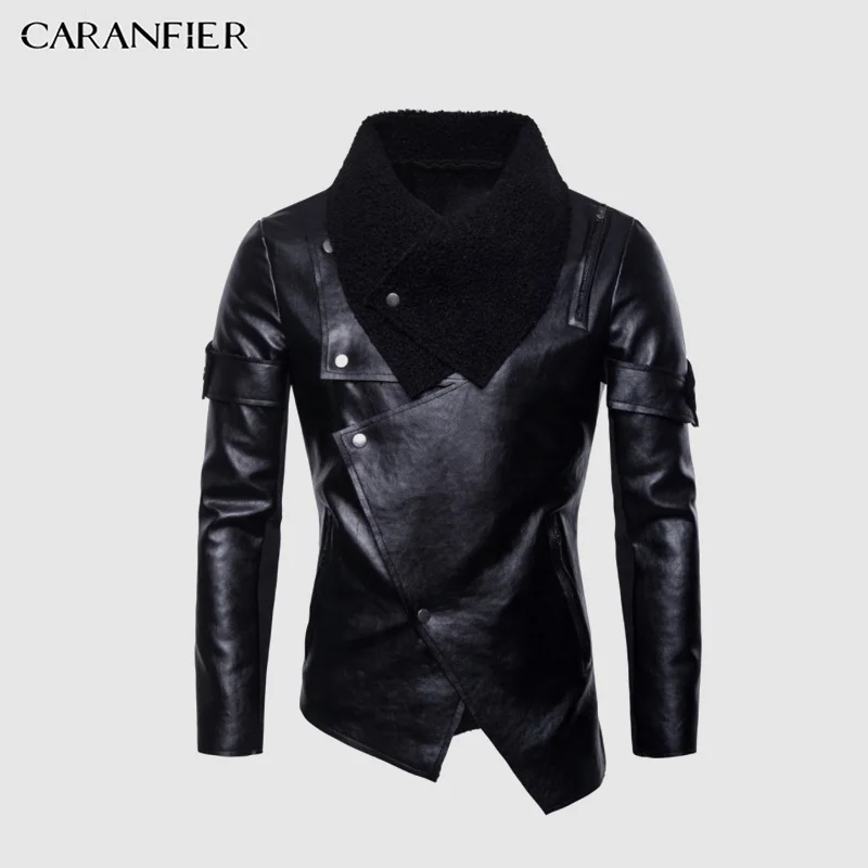 

CARANFIER Mens Leather Jackets Autumn Motorcycle Bomber Casual Punk Outerwear Solid Slim Fit Personality Irregular PU Black Coat