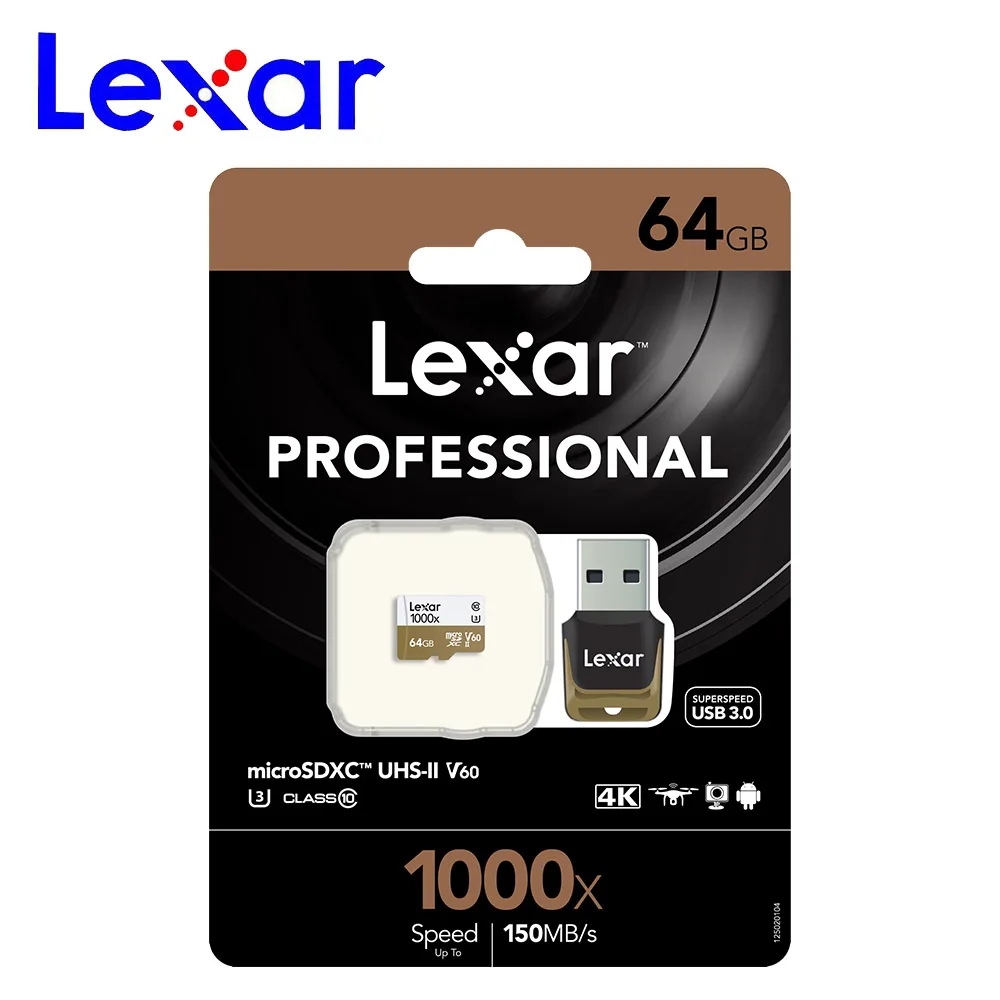 Лучший Lexar Micro карты памяти 64 GB 128 gb Gopro Спорт Камера 32 GB 256 GB 4 K SDHC U3 V60 высокое Скорость 150 м с карты памяти с card Reader