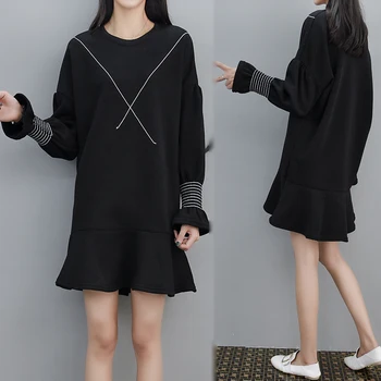 

women hoodies dress o neck long sleeve black casual loose plus size clothes student girl clothing big size XL-4XL Vestidos