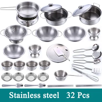 

New Sale 32 Pcs Stainless Steel Children Kitchen Toys Miniature Cooking Set Simulation Education Toy Pretend Play Cook Toy Kids