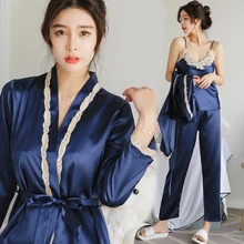 Весна осень сексуальные кружевные пижамы женские с длинным рукавом три предмета шелковая ночная рубашка женская одежда для сна домашняя пижама комплект