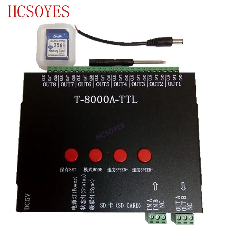 1 шт. T-8000A-TTL 8192 пикселей rgb светодиодный контроллер для ws2812b/WS2811/WS2813/TM1804/LPD6803/DMX512 полосы T8000A& 5V 2A светодиодный адаптер