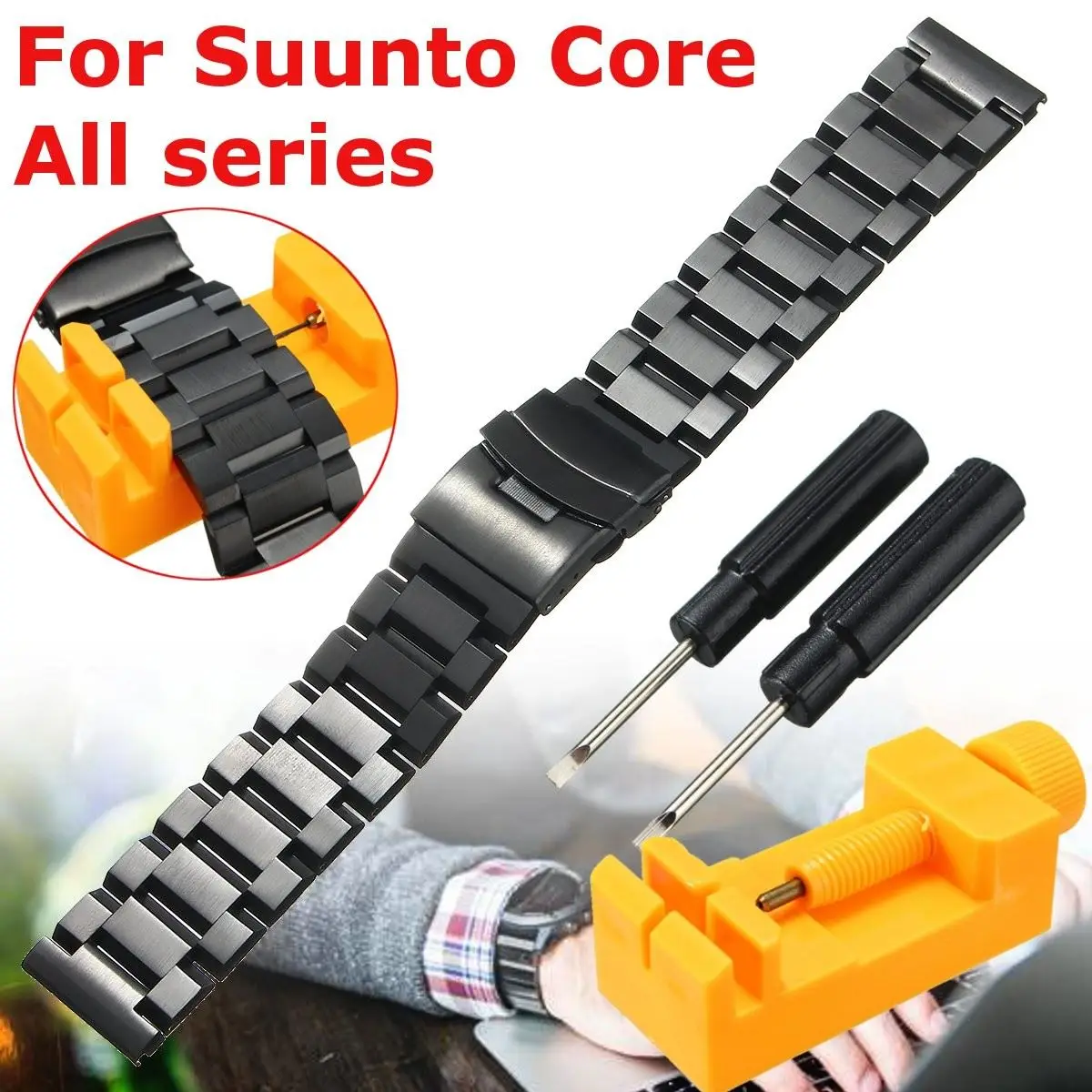 

Stainless Steel Watchbands Strap 24mm Double Flip Lock Buckle For Suunto Core Silver Black Metal Watch Bracelets+Free Tools
