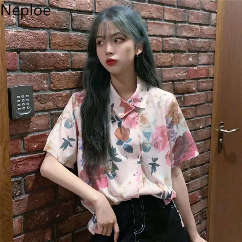 

Neploe Korean Vintage Floral Print Blouse Ladies Pink Tops Women's Short Sleeve Shirt Blusas 2019 Summer Femininas Clothing