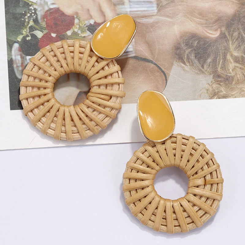 

AENSOA Handmade Round Drop Earrings For Women Bohemia Rattan Hanging Straw Weave Rattan Knit Vine Dangle Earring Women Jewelry